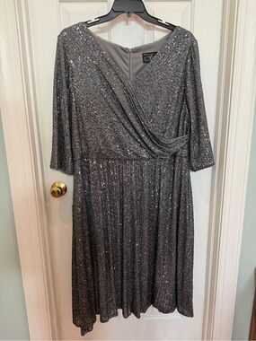 Alex Evenings Silver Sequin Midi Dress with Wrap Bodice